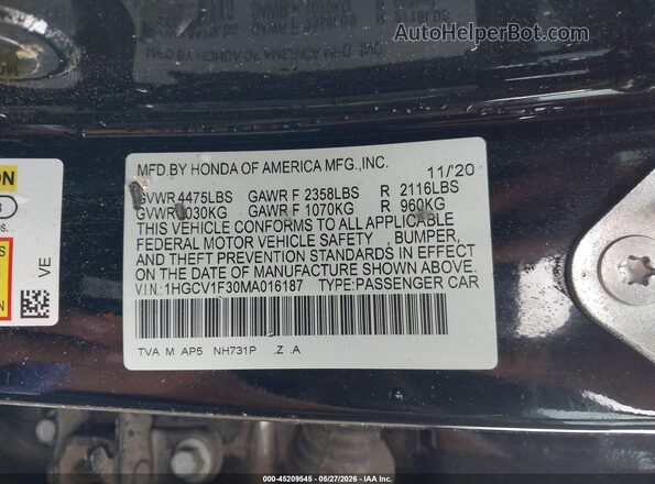 1HGCV1F30MA016187 2021 HONDA ACCORD Black Vista del compartimento del motor