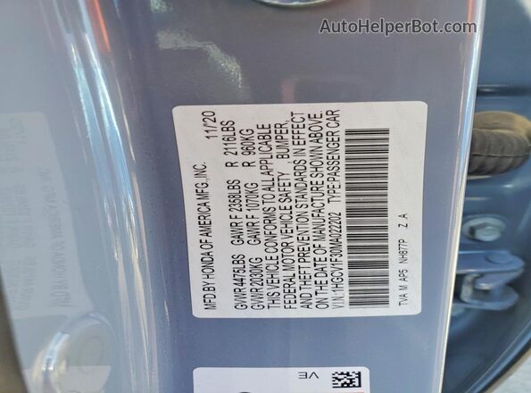 1HGCV1F30MA022202 2021 HONDA ACCORD Gray Vista del compartimento del motor