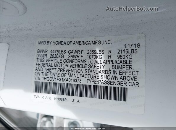 1HGCV1F31KA016373 2019 HONDA ACCORD White Вид підкапотного простору