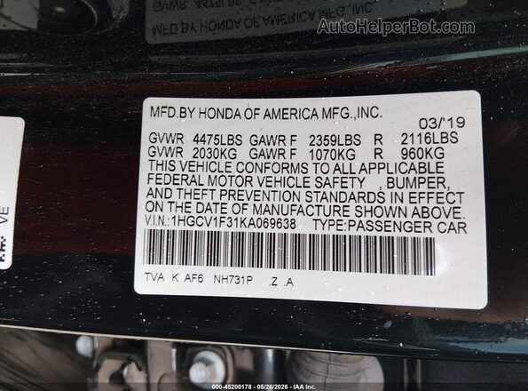 1HGCV1F31KA069638 2019 HONDA ACCORD Black Vista del compartimento del motor