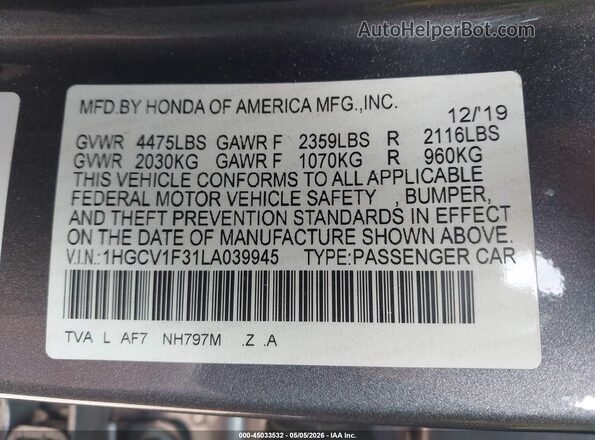 1HGCV1F31LA039945 2020 HONDA ACCORD Gray ძრავის განყოფილების ხედი