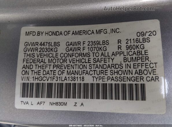 1HGCV1F31LA138118 2020 HONDA ACCORD Серебряный 