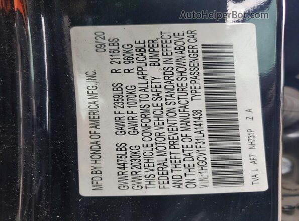 1HGCV1F31LA141438 2020 HONDA ACCORD Black 