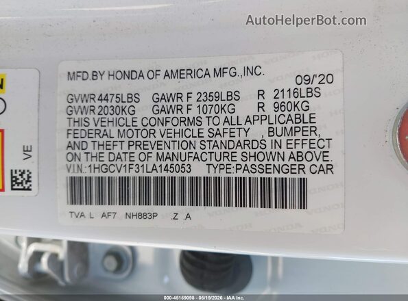 1HGCV1F31LA145053 2020 HONDA ACCORD White Engine compartment view