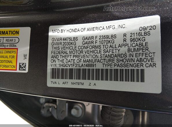1HGCV1F31LA148891 2020 HONDA ACCORD Gray ძრავის განყოფილების ხედი