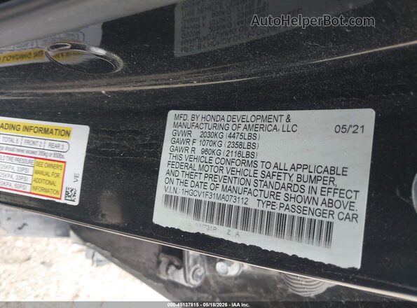 1HGCV1F31MA073112 2021 HONDA ACCORD Black Engine compartment view