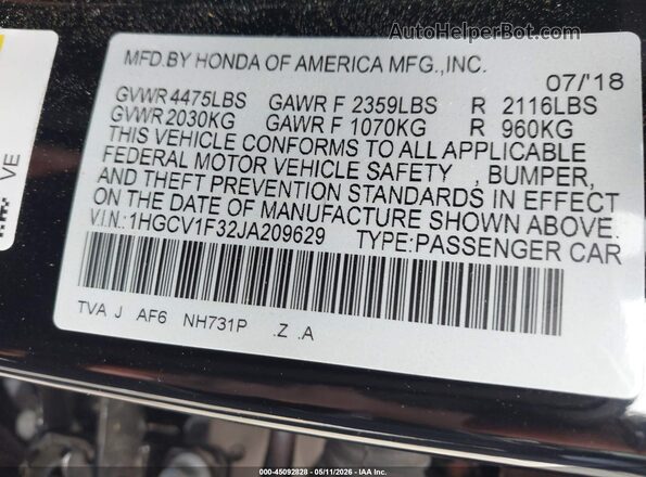 1HGCV1F32JA209629 2018 HONDA ACCORD Black Vista del compartimento del motor