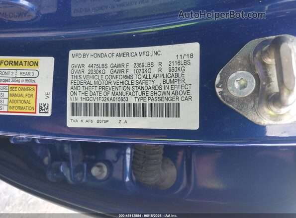 1HGCV1F32KA015653 2019 HONDA ACCORD Blue Engine compartment view