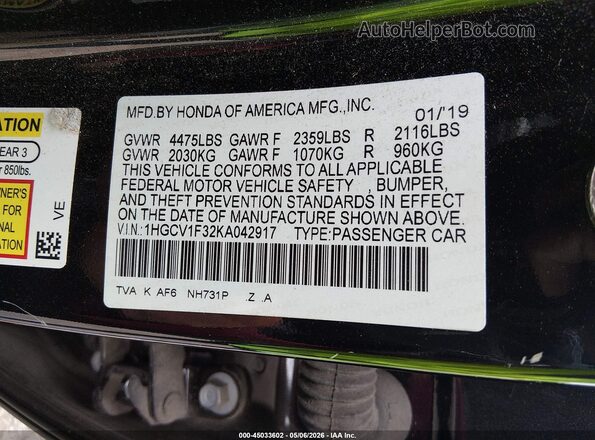 1HGCV1F32KA042917 2019 HONDA ACCORD Black Widok komory silnika