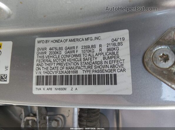 1HGCV1F32KA081698 2019 HONDA ACCORD Silver Вид підкапотного простору
