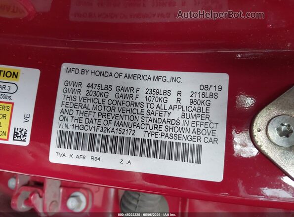 1HGCV1F32KA152172 2019 HONDA ACCORD Красный 