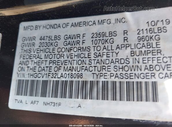 1HGCV1F32LA018098 2020 HONDA ACCORD Черный Вид подкапотного пространства