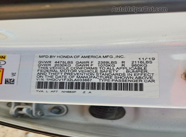 1HGCV1F32LA033667 2020 HONDA ACCORD Белый 
