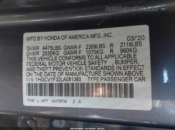 1HGCV1F32LA081380 2020 HONDA ACCORD Gray 