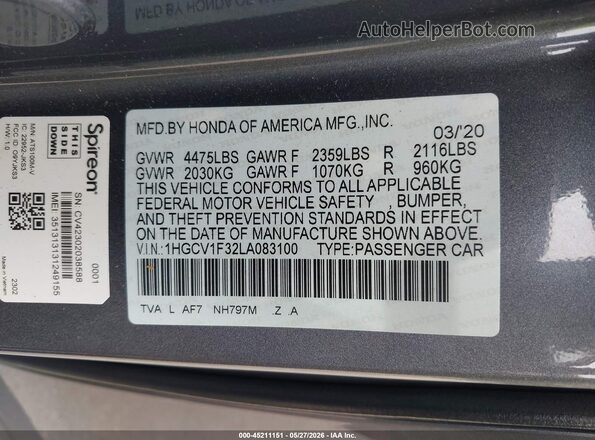 1HGCV1F32LA083100 2020 HONDA ACCORD Gray Engine compartment view