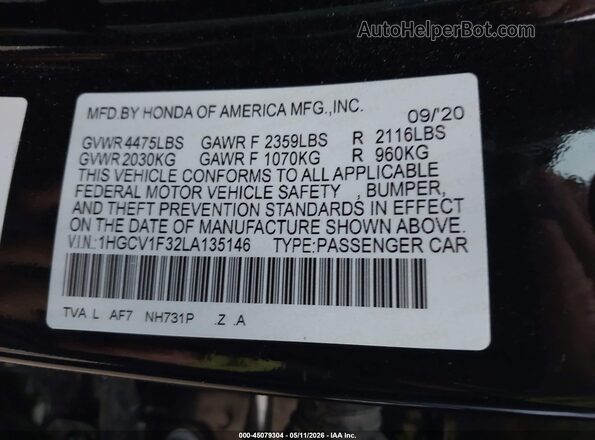 1HGCV1F32LA135146 2020 HONDA ACCORD Black Engine compartment view