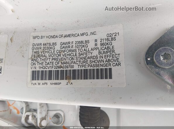 1HGCV1F32MA039700 2021 HONDA ACCORD White 