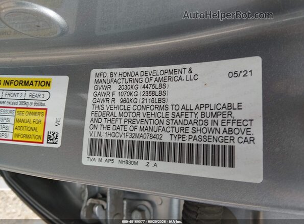 1HGCV1F32MA078402 2021 HONDA ACCORD Gray Vista del compartimento del motor