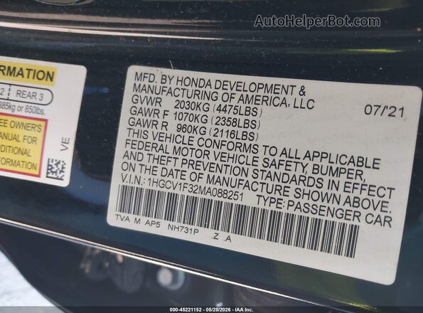 1HGCV1F32MA088251 2021 HONDA ACCORD Black Widok komory silnika
