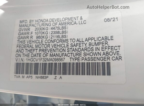 1HGCV1F32MA098567 2021 HONDA ACCORD White Widok komory silnika