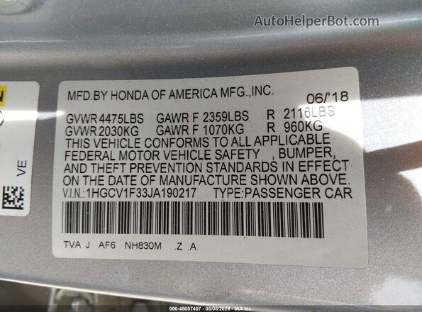 1HGCV1F33JA190217 2018 HONDA ACCORD Silver Widok komory silnika