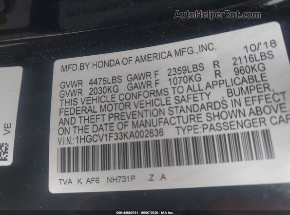 1HGCV1F33KA002636 2019 HONDA ACCORD Black Շարժիչի բաժամունքի տեսք