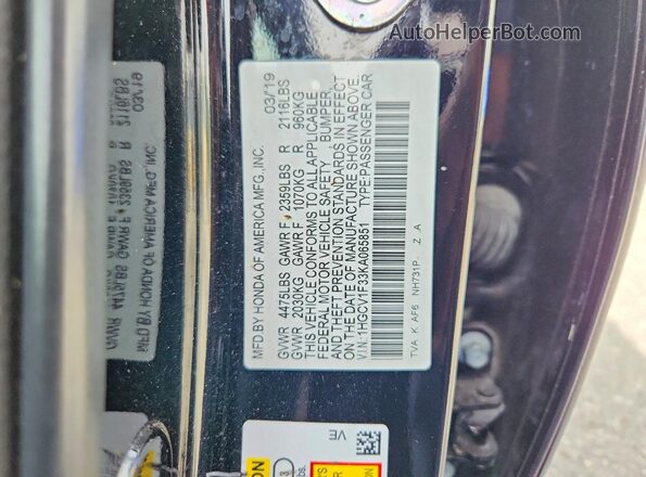 1HGCV1F33KA065851 2019 HONDA ACCORD Black VIN sticker view