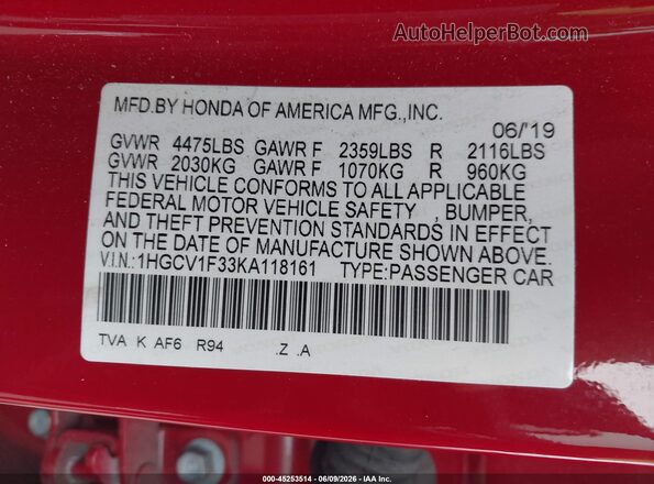 1HGCV1F33KA118161 2019 HONDA ACCORD Red 