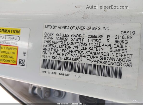 1HGCV1F33KA156537 2019 HONDA ACCORD White Widok komory silnika