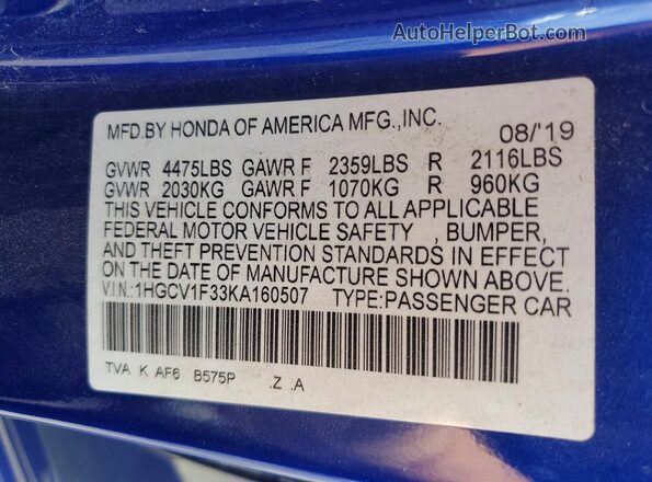 1HGCV1F33KA160507 2019 HONDA ACCORD Blue 