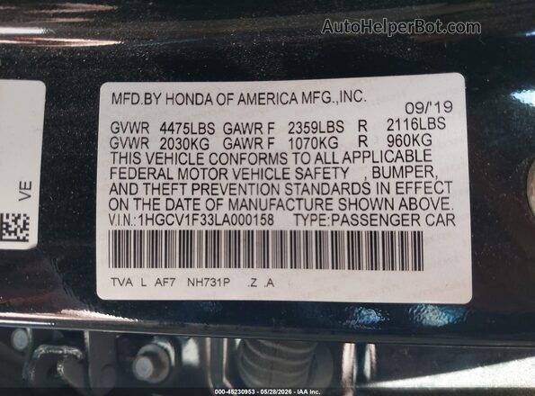 1HGCV1F33LA000158 2020 HONDA ACCORD Black Vista del compartimento del motor
