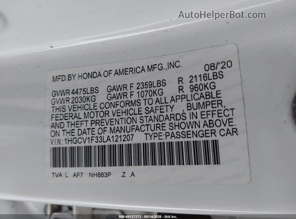 1HGCV1F33LA121207 2020 HONDA ACCORD White 