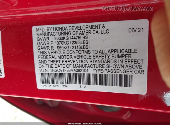 1HGCV1F33MA082104 2021 HONDA ACCORD Red Вид підкапотного простору
