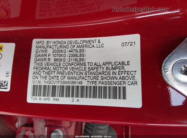 1HGCV1F33MA089148 2021 HONDA ACCORD Red Vista del compartimento del motor