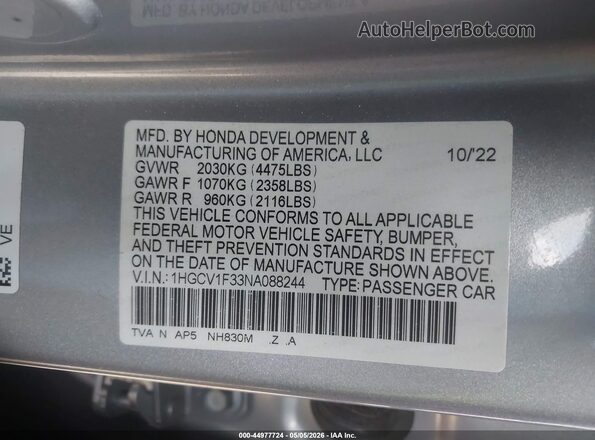 1HGCV1F33NA088244 2022 HONDA ACCORD Silver 