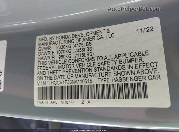 1HGCV1F33NA110615 2022 HONDA ACCORD Blue Widok komory silnika