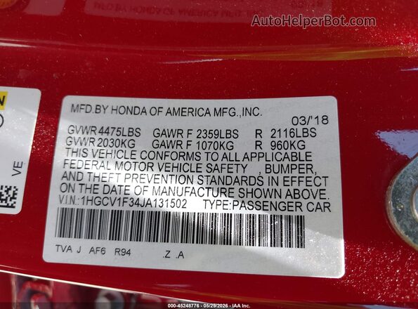 1HGCV1F34JA131502 2018 HONDA ACCORD Red Widok komory silnika