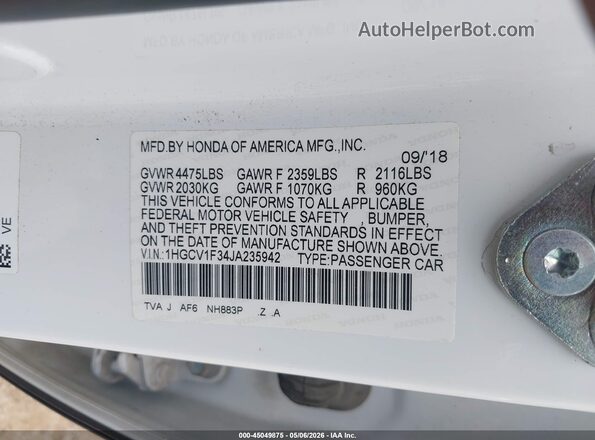 1HGCV1F34JA235942 2018 HONDA ACCORD White Widok komory silnika