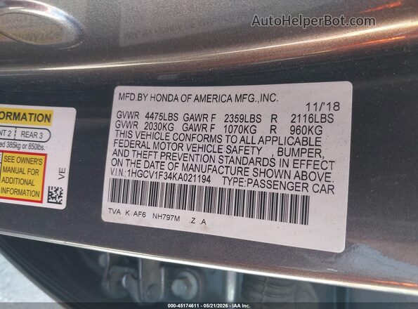 1HGCV1F34KA021194 2019 HONDA ACCORD Gray Вид підкапотного простору