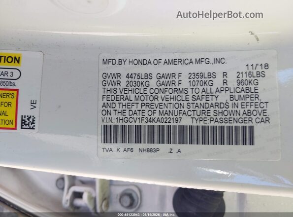 1HGCV1F34KA022197 2019 HONDA ACCORD White Вид підкапотного простору