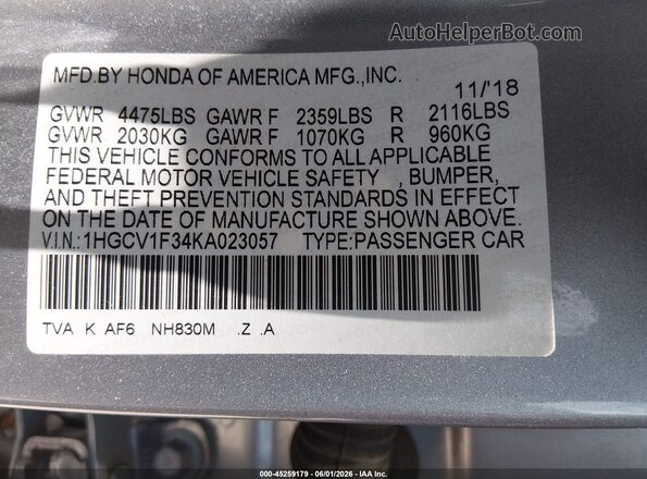 1HGCV1F34KA023057 2019 HONDA ACCORD Gray Շարժիչի բաժամունքի տեսք