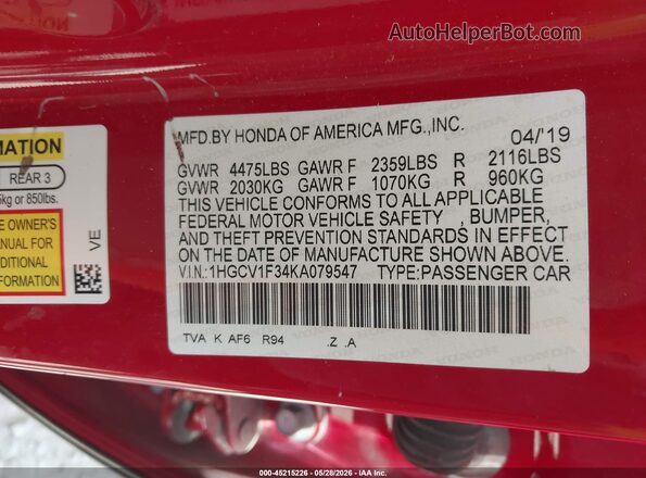 1HGCV1F34KA079547 2019 HONDA ACCORD Red Widok komory silnika