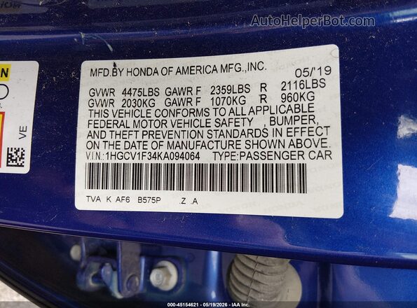 1HGCV1F34KA094064 2019 HONDA ACCORD Blue Вид підкапотного простору