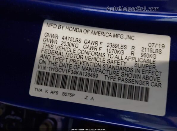 1HGCV1F34KA139469 2019 HONDA ACCORD Blue ძრავის განყოფილების ხედი