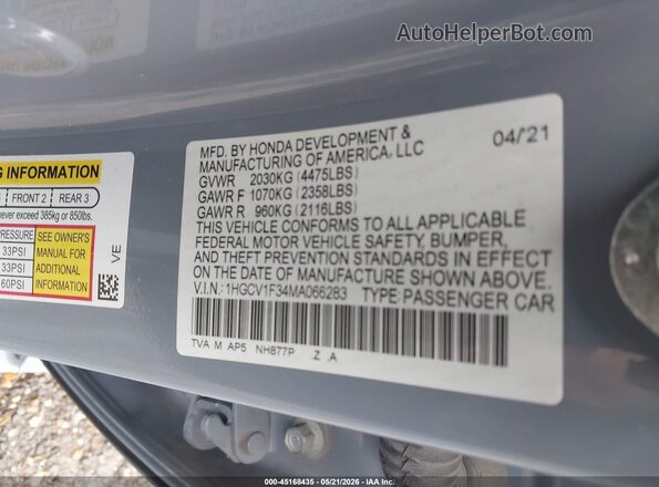 1HGCV1F34MA066283 2021 HONDA ACCORD Light Blue 