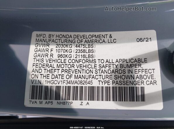 1HGCV1F34MA082645 2021 HONDA ACCORD Gray Շարժիչի բաժամունքի տեսք