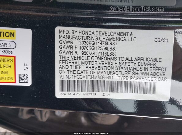 1HGCV1F34MA086601 2021 HONDA ACCORD Black ძრავის განყოფილების ხედი