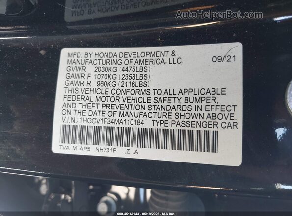 1HGCV1F34MA110184 2021 HONDA ACCORD Black Вид підкапотного простору