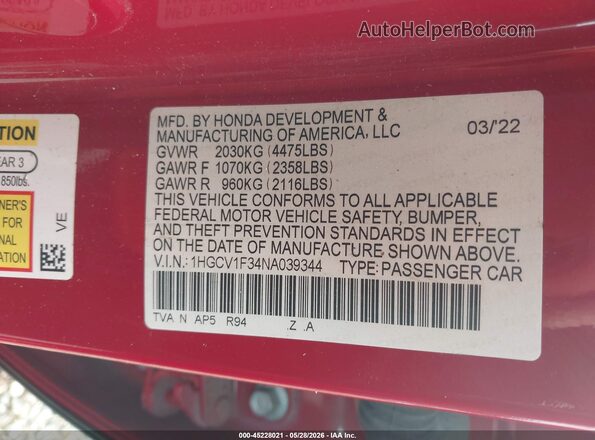 1HGCV1F34NA039344 2022 HONDA ACCORD Red Engine compartment view