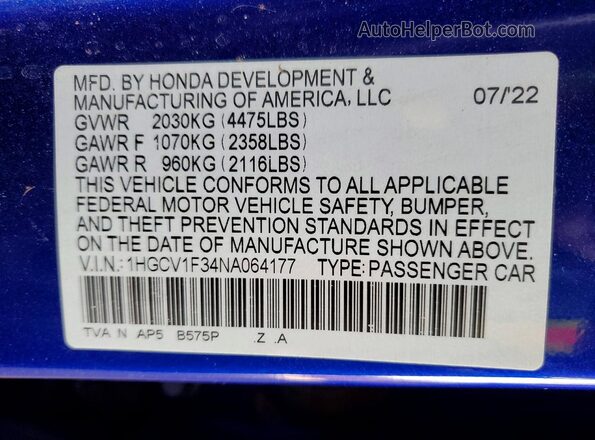 1HGCV1F34NA064177 2022 HONDA ACCORD Blue 